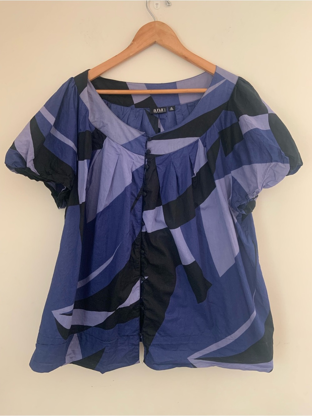 a.n.a Cotton Black Lavender Abstract Print Button-Front Blouse 2X Breathable